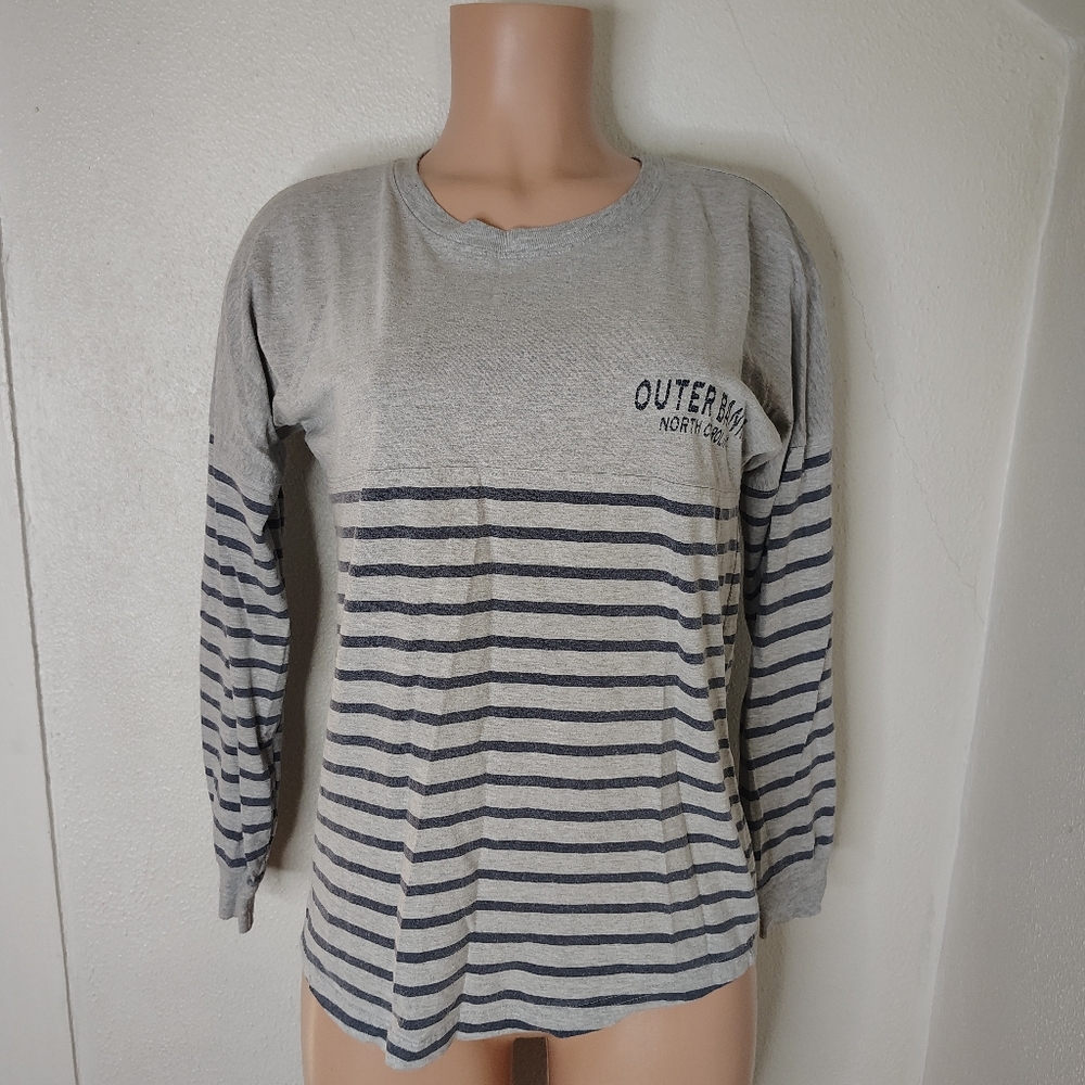 Outer Banks North Carolina Striped Long Sleeve Tee Gray/Blue Size Small